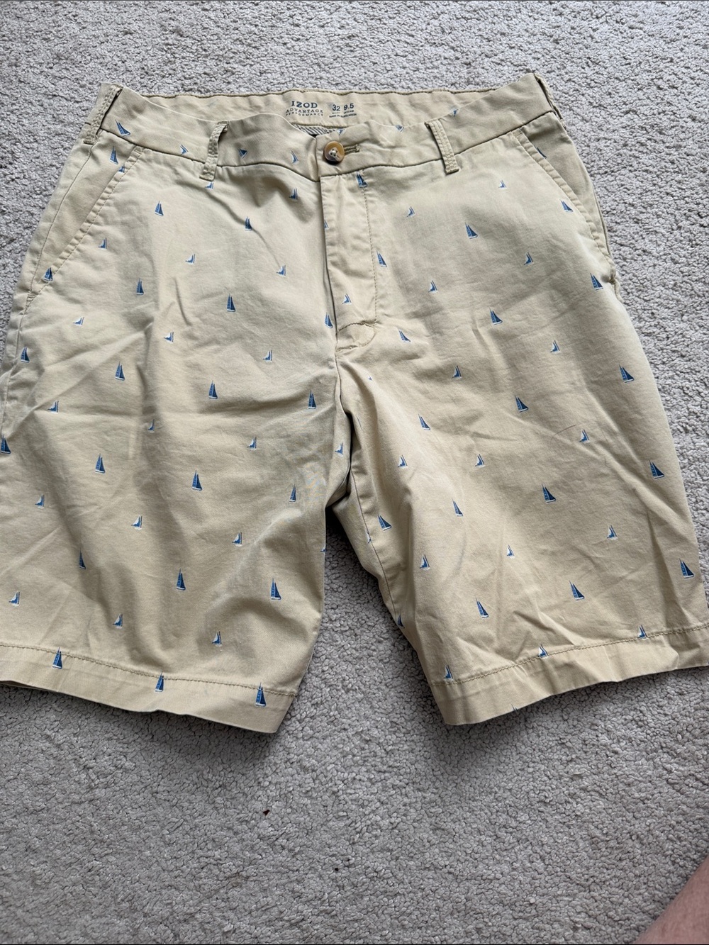 Izod Tan Flat-Front Chino Shorts with Blue Sailboat Embroidery